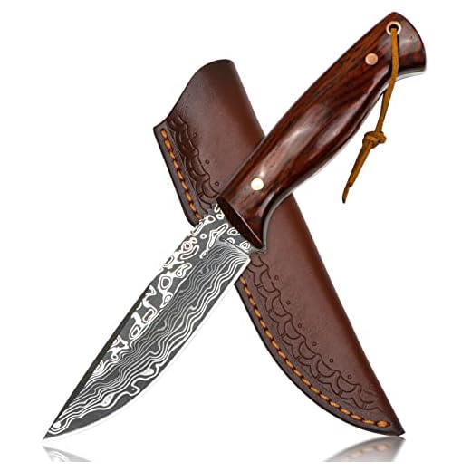 Goodchef Coltello da caccia, lama affilata D2 in acciaio inox con squisita custodia in pelle per uomini, lama fissa, coltello da sopravvivenza ergonomico, manico in palissandro