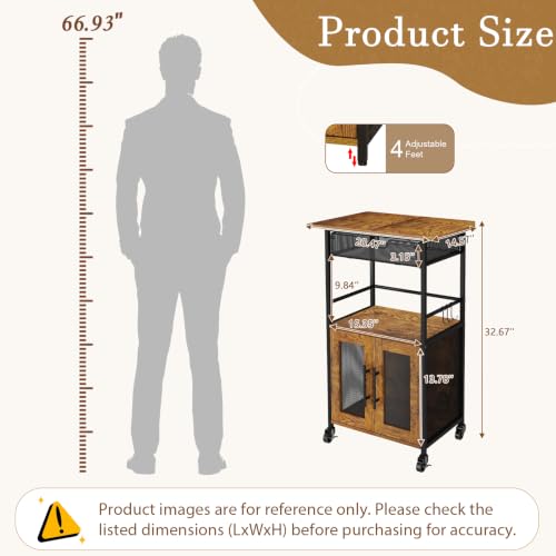 3 Tier Slim Rolling Coffee Cart with 2-Door & Pull-Out Wire Basket Drawer, Coffee Bar Cabinet on Lockable Casters, 32.7" H Microwave Cart with Storage for Home, Kitchen, Living Room (Rustic Brown) by Hencawima - Used condition - Image 3
