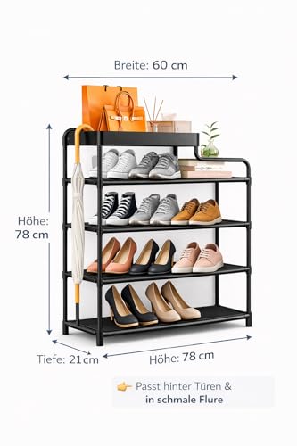 Generisch Schmales Schuhregal Metall schwarz 60 x 21 x 78 cm, 60 cm breit, platzsparender Schuhständer für Flur, Eingang und schmale Räume, Schuhablage für leichtes Schuhwerk, kompakte Aufbewahrung
