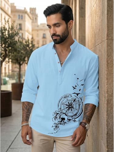 Image of DEELMO Men's Cotton Blend Mandarin Collar Self One Design Full Sleeve Casual Short Kurta