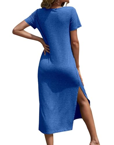 Image of Dyexces Women Summer T Shirt Dress Casual Short Sleeve V Neck Maxi Dresses Loose Side Slit Long Tshirt Dress with Pockets