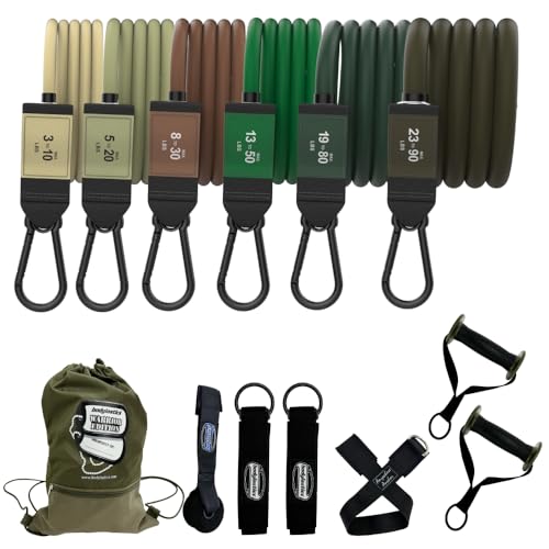 Bodylastics PRO Series Resistance Band Set - Resistance Bands, Handles, Ankle Straps, Door Anchor, Carry Bag Heavy-Duty Exercise Bands Clips and Snap Reduction Tech (3-280BS Set Camo)