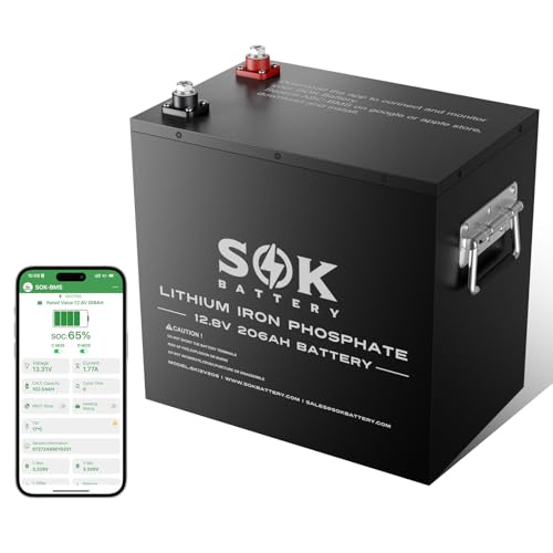 SOK Battery 12V 206AH Lifepo4 Lithium Battery, SK12V206H 4000~8000 Cycles Support Bluetooth, Smart BMS, Built-in heater Can be Charged at A Minimum of -4?/-20? Perfect for RV, Solar System, Off Grid