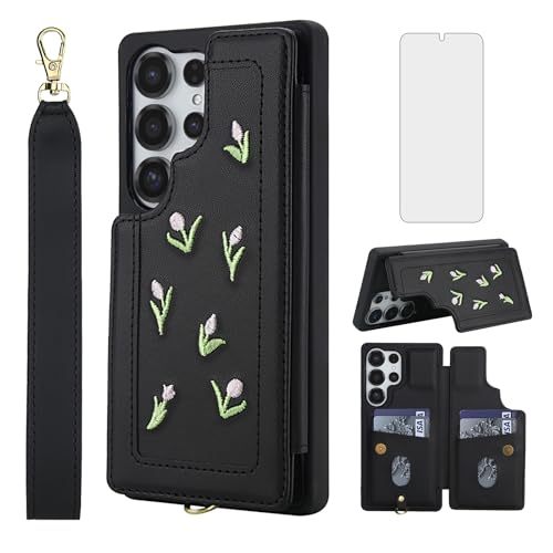 Étui portefeuille Galaxie S25 Ultra en cuir PU noir premium avec finitions dorées