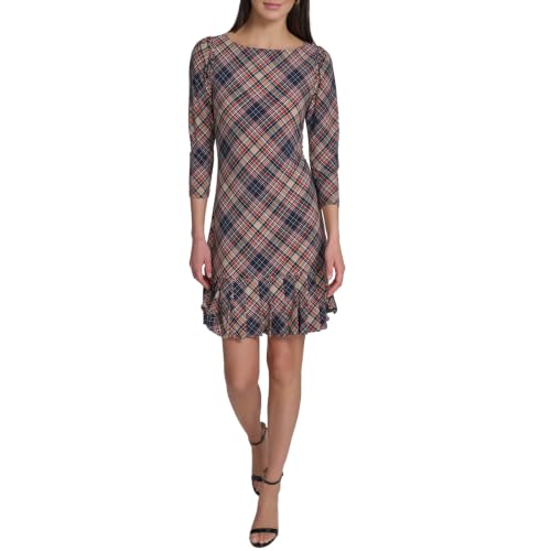 Image of Tommy Hilfiger Women's 3 /4 Sleeve High Neck Ruffle Trim Jersey Mini Dress