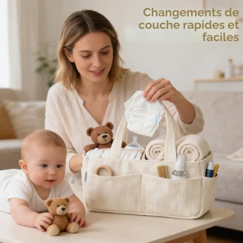 Connextion Panier de Rangement Bébé, Organiseur de Couches pour Table à Langer Bebe, Panier Portable de Rangement pour Couches et Lingettes pour Bébé, Cadeau pour Fête Prénatale et Naissance (Beige) – vue 6