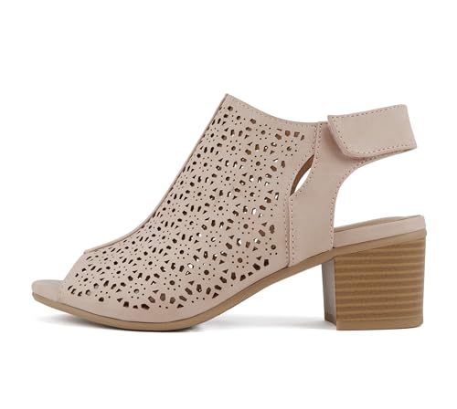 Image of CITYCLASSIFIED inchElect inch ~ Women's Peep Toe Laser Cut Geometric Caged Slingback Ankle Strap Low Stacked Heel Ankle Bootie