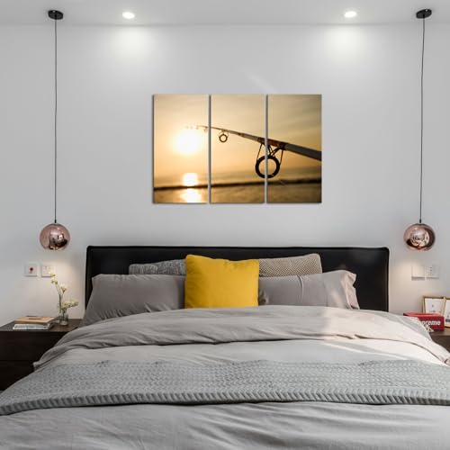 iKNOW FOTO 3 Piece Canvas Print Fishing Wall Art Fishing Pole against Ocean at Sunset Picture Nature Photography Nautical Artwork Painting for Home Living Room Bedroom Office,12x24inch Each by iKNOW FOTO - Image 5