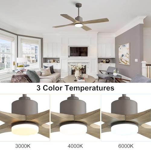 Image of LEDLUX 48 inch Ceiling Fans with Lights -Modern Ceiling Fan with Light, 6-Speed Remote, 4 Solid Wood Blades, Quiet DC Motor, for Bedroom, Living Room, Outdoor, Graphite Finish with Gray Blades