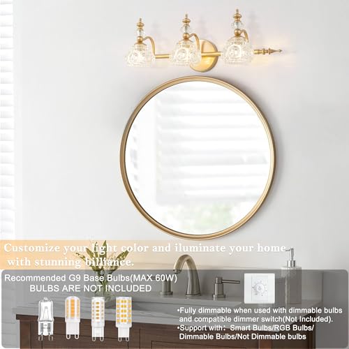 Image of Bathroom Vanity Light Fixtures, Farmhouse Vintage Wall Sconce Lighting with Glass Shade, Bath Vintage Wall Mounted Lamps for Mirror (3 Lights,Gold,G9 Base)