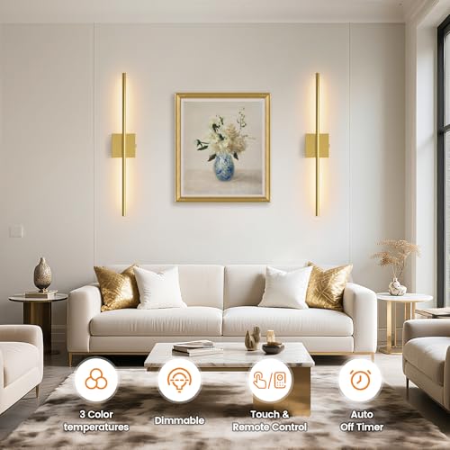 Image of VOLISUN 7800mAH Battery Operated Wall Sconces Set of Two, Rechargeable Wall Sconces with Remote, 3000K-6500K Dimmable Wireless Wall Lamp, 28'' Wireless Wall Lights for Bedroom, Living Room(Gold)