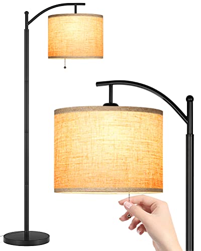 Joofo Floor Lamp With Pull Chain Switch - Standing Floor Lamp With Fabric Linen Lamp Shade, 3 Color Temperatures Tall Arc Floor Lamps For Bedroom And Living Room,Dorm,Office, Black #TOP9