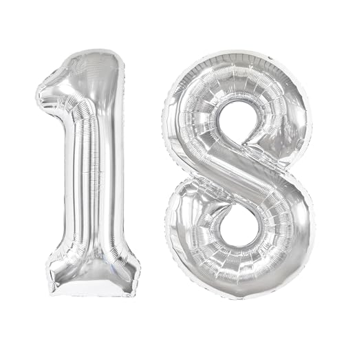Image of Silver Number 18 Balloon 40 inch, 18 Number Balloons, 18th Silver Birthday Decorations, 18 Year Old Silver Party Supplies