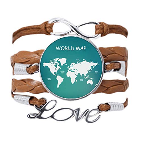Carte du monde bracelet cuir noir corde tordue bijoux continents