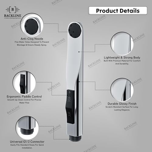 Image of Backline Jet Spray for Toilet with 1.2 Meter Hose Pipe & Wall Hook | ABS Health Faucet Hand Gun for Bathroom | Water Saving Handheld Bidet Sprayer for Toilet Hygiene (Chrome Finish)