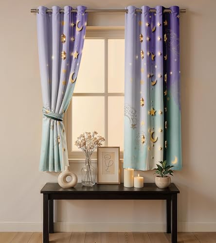 Image of Ultimate Trends Room Darkening Digital Printed 3D Prints Curtain 65-70% Opacity,Diamond Eyelets, Tie Back, Floral Decorated, 7 FEET Pack of 2,Mint Purple