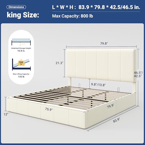 Image of Allewie King Size Velvet Lift Up Hydrualic Storage Bed Frame, Cream