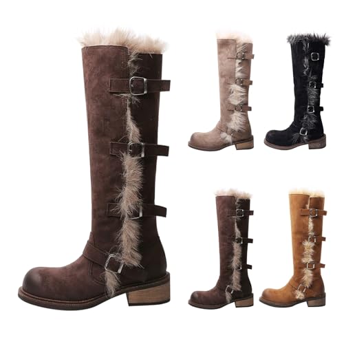 Botas altas hasta la rodilla con forro polar para mujer, totalmente forradas de piel, botas altas hasta la rodilla, tacón bajo y grueso, puntera redonda, botines de piel sintética de gamuza con
