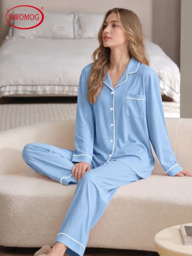 Image of SWOMOG Womens Pajamas Set Long Sleeve Sleepwear Button Down Nightwear Soft Cotton Pj Lounge Sets