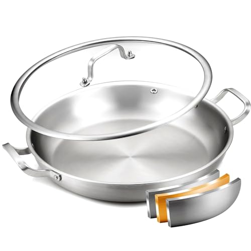 DELARLOCHEF Poêle à Paella 35 cm 12 Pers Triple Couche Acier Inox 316°C Sans PFOA | Compatible Induction/Tous Feux (Gaz/Électrique) | Chaleur Uniforme Lavable Lave-Vaisselle Kit Paell
