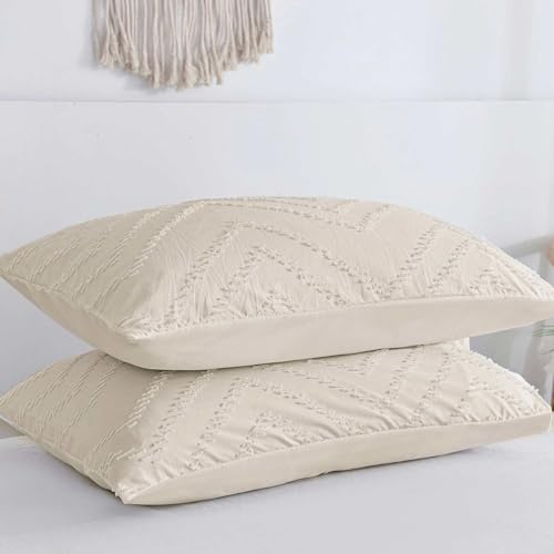Nanko Pillow Case/Pillow Shams Queen Set Of 2, Beige Cream Tan Tufted Jacquard Boho Soft Shabby Chic Microfiber Pillow Covers, For Home Hotel Bed thumb #1