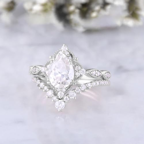 1.5 ct Pear Shaped Engagement Rings for Women 2pcs Bridal Set Wedding Rings Vintage Inspired V Shaped Wedding Band S925 Moissanite Wedding Ring Set Promise Wedding Rings For Her2