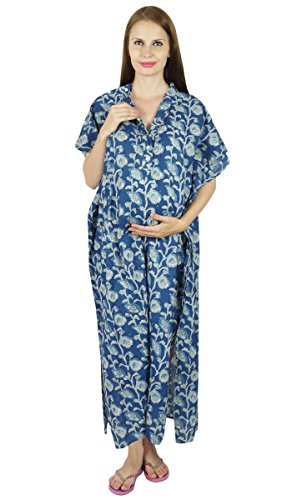 Bimba Nursing Kaftan Gown Maternity Gown, Hospital Delivery Gown- Front Buttons Blue #TOP20