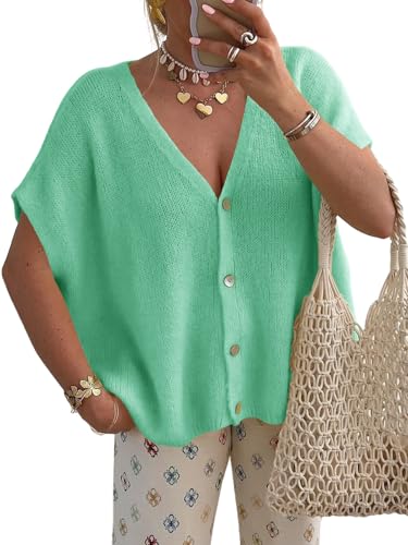 Image of Saodimallsu Womens Summer Oversized Cardigans Batwing Short Sleeve Lightweight Button V Neck Casual Knit Sweater Tops