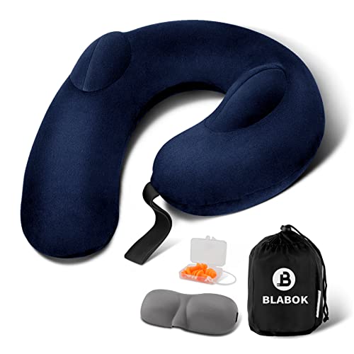 Inflatable Neck Pillow for Travel, Travel Pillow Support Head and Neck, Travel Neck Pillow for Airplane,Train,Car,Office,Home,Washable Cover (Blue)