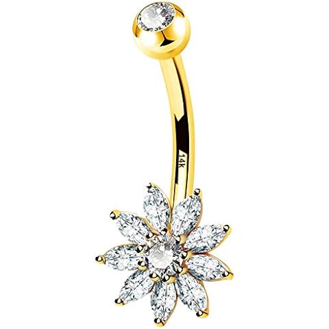 COCHARM 14K Real Gold Belly Button Rings 14K Gold Flower Belly Rings 14K Solid Gold Petal Navel Rings for Women 14Kt Gold Cute Belly Piercing Jewelry Nickel Free Cover