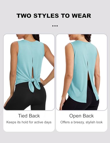 Image of MAGCOMSEN Workout Tank Tops Woman Summer Open Back Yoga Athletic Shirts Sleeveless Tie Back Loose Fit Gym Muscle Tank