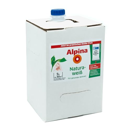 Alpina Wandfarbe Naturaweiß matt im praktischen Dosier-Pack – ergiebig, gut deckend & reinigungsfähig – 5 Liter