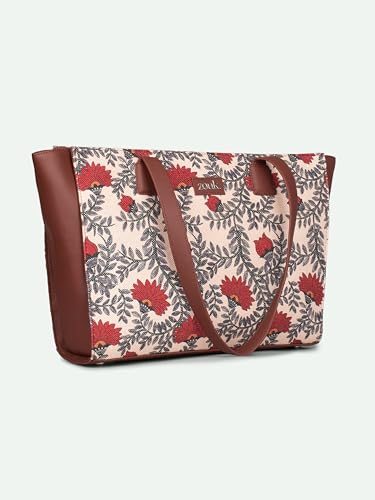 Image of ZOUK Nawabi Couture Floral Printed Women Jute Vegan Leather Space Blue Office Tote Bag for Ladies With Laptop Compartment