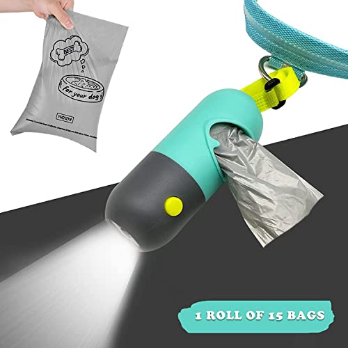 Image of Dog Poop Bags Holder with LED Flashlight Doggie Poo Bag Dispenser for Leash Hands-free Pet Waste Bags Pouch with Rechargable Battery and USB cable (1 Holder 195 Bags, Mint Green)