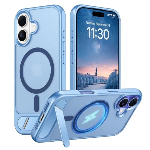Image of VONZEE Magnetic Case Compatible with iPhone 16, Adjustable Metal Kickstand, MagSafe Compatible Translucent Matte Shockproof Protective Phone Case, Slim Anti-Scratch Cover for iPhone 16, Official Blue