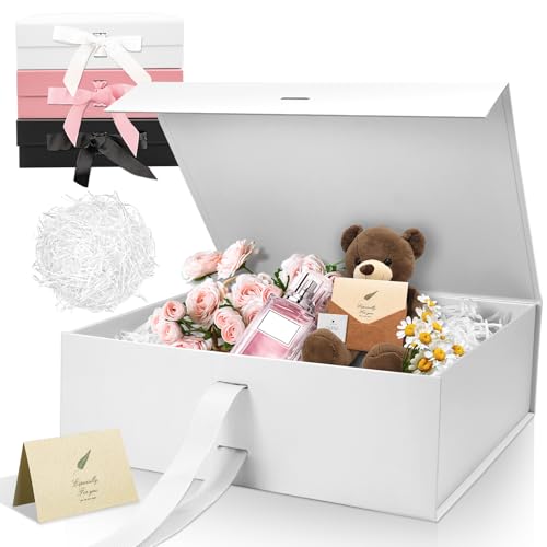 Sekepingo Weiß Luxus Große Magnet-Geschenkbox, 32,5 * 23 * 10,5cm Geschenkbox mit Band, Papier& Grußkarte Party Favor Box für Hochzeit, Geburtstag & Muttertag