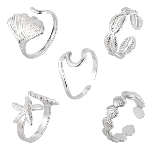 Mikovivi 5pcs Bagues Coquillages Argentées pour Femme, Élégantes et Réglables Style Plage Océan Coquillages Vagues Étoiles Mer Cadeaux Parfaits et...