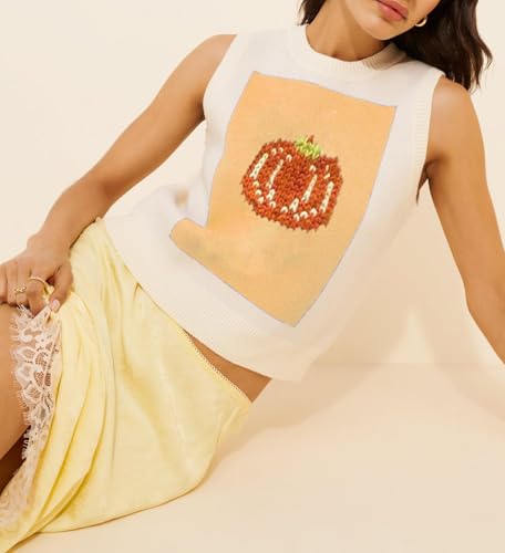 Image of Women Graphic Sweater Vest Y2k Sleeveless Lobster Pullover Top Crew Neck Lightweight Fall Knit Tank Top (Pumpkin Yellow,M)
