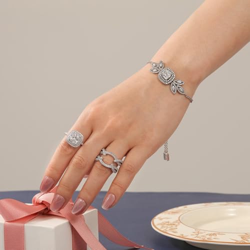 Image of Jeulia 3.7CT Double Halo Insert Wedding Ring Set for Women Sterling Silver Round Cut Bridal Ring Set with Eternity Band Romantic Anniversary Promise Gift with Jewelry Box