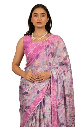 Image of MIRCHI FASHION Women Saree Floral Print Chiffon | Lightweight Festive Occasion Sari for Farewell and Functions with Unstitched Blouse Piece