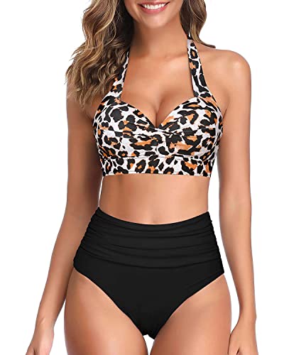 Tempt Me Women's Vintage Swimsuits Black Leopard Retro Halter Ruched High Waist Bikini With Bottom M #TOP24