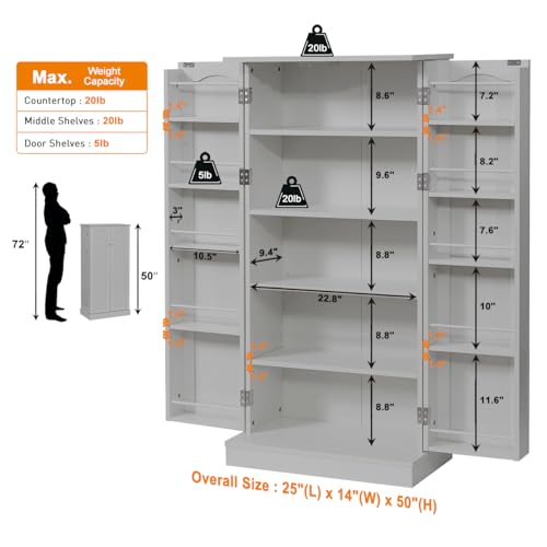 LED Kitchen Pantry Storage Cabinets - 50 Inch FreeStanding Food Cabinet, Buffet Cupboards with 2 Doors and Shelves Adjustable for Small Space in Dinning Room, Living Room, in Grey 4 LED Kitchen Pantry Storage Cabinets - 50 Inch FreeStanding Food Cabinet, Buffet Cupboards with 2 Doors and Shelves Adjustable for Small Space in Dinning Room, Living Room, in Grey - Image 2