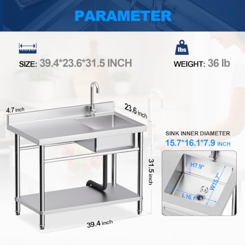 Image of 39 inch Stainless Steel Utility Sink with Workbench, Laundry Sink