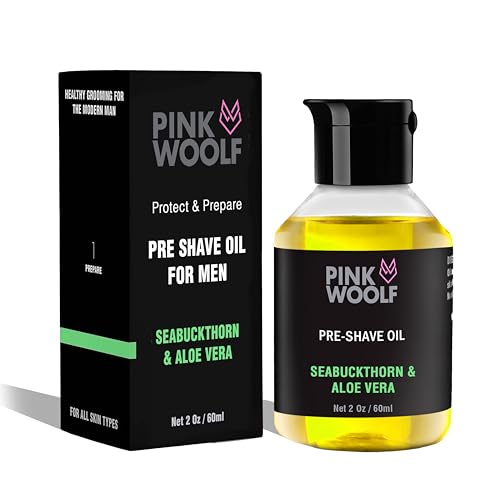 Pink Woolf Pre Shave Oil for Men SeaBuckthorn & Aloe Vera Shaving Oil with Vitamin E & Tea Tree Helps Reduce Razor Burn Ingrown Hair & Irritation Shave Prep for Electric & Wet Shaving 2 Fl Oz
