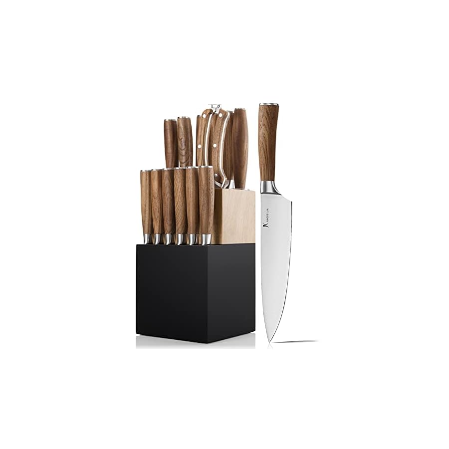 Kangdelun Natura Series 15 PCS Knife Block Set, Ultra Sharp High Carbon Stainless Steel with Wooden Handle