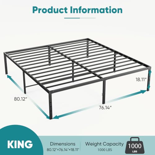 Image of OLIXIS 18 Inch Metal King Size Bed Frame | Under Bed Storage Space, Heavy Duty Sturdy Support Slats & Noise-Free, No Box Spring Needed, Easy Assembly