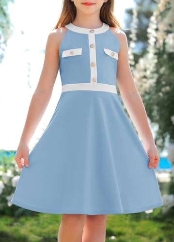 HOSIKA Girls Summer Halter Neck Sleeveless Elegant Button Front Casual A-line Flared Dress for 6-12 Years3
