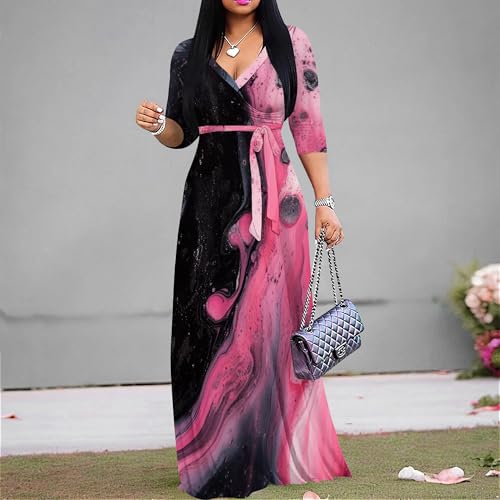 Image of PinkPatty Women's Print Maxi Dresses 3 /4 Sleeve Flowy Long Dress V Neck Wrap Tie Waist Sundress