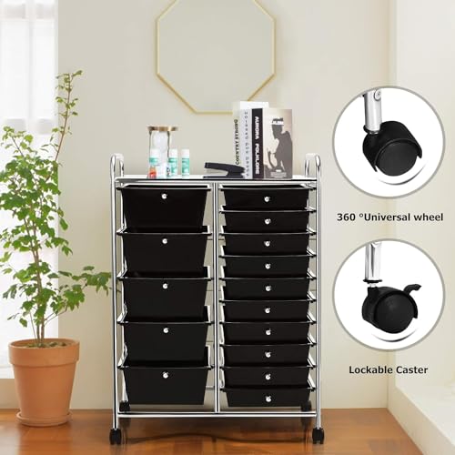 Image of LDAILY 15 Drawer Rolling Storage Cart, Rolling Cart with Drawers for Classroom, Art Supply Craft Organizer on Wheel with Metal Frame & Handles for Home Office School