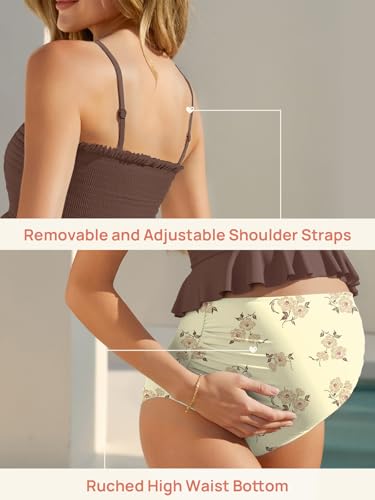 Image of Summer Mae Maternity High Waist Swimsuit Ruffle Hem Bikini Bathing Suit Shirred Bandeau Two Piece Pregnancy Swimwear